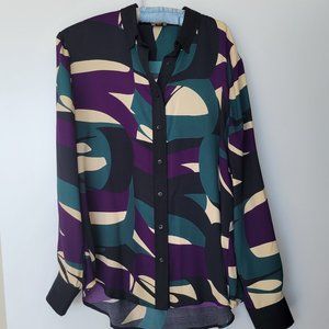 Anne Klein Blouse, Abstract Pattern Black Cream Green & Purple, Size 16
